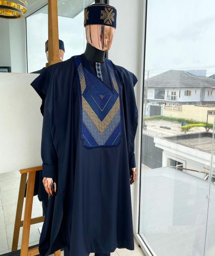 A Navy blue, Connected triangle -layered 3D embroidery design details agbada