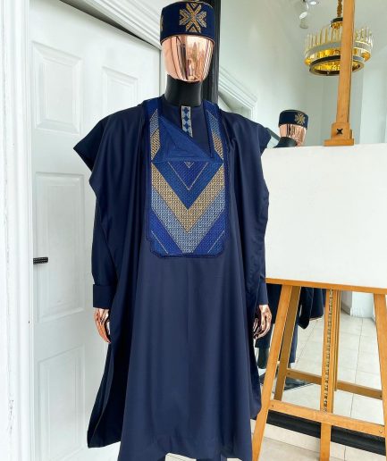A Navy blue, Connected triangle -layered 3D embroidery design details agbada