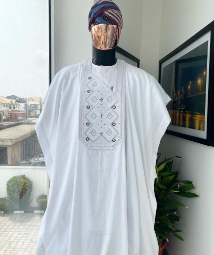 A Cocaine white, Square dropping-layered embroidery design details agbada