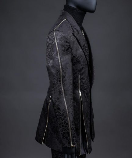 A hand knitted, “Ziplock” charcoal black dotted and dispersed floral paisley Jacquard blazer suit