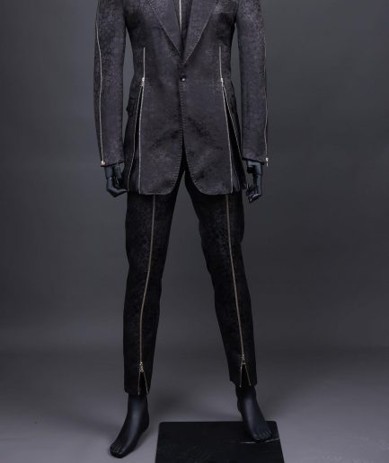 A hand knitted, “Ziplock” charcoal black dotted and dispersed floral paisley Jacquard blazer suit