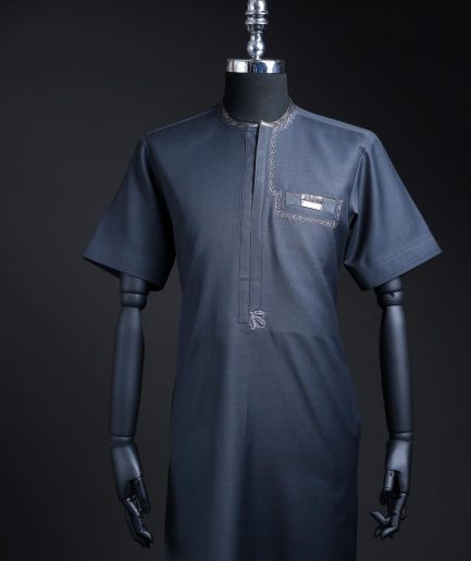 A Navy blue, silver, and black piped neck spiral embroidery detailing African traditional senator kaftan native.