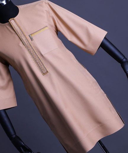 A Mustard brown, 3/4 Sleeve Kaftan, Spiral and Interwoven Embroidery Detailing African Traditional Senator Kaftan Native.