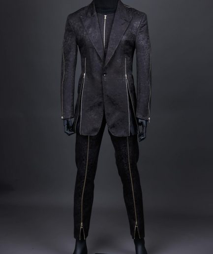 A hand knitted, “Ziplock” charcoal black dotted and dispersed floral paisley Jacquard blazer suit