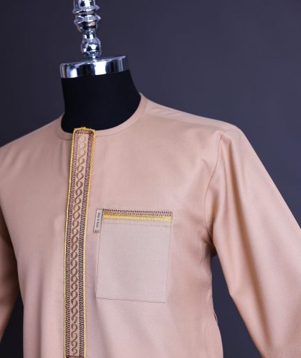 A Mustard brown, 3/4 Sleeve Kaftan, Spiral and Interwoven Embroidery Detailing African Traditional Senator Kaftan Native.