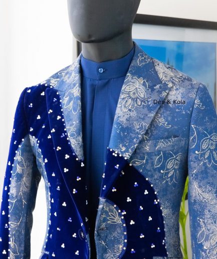 A “Prodigal” dispersed Sky blue and splashed champagne gold metallic jacquard suit