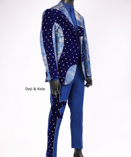 A “Prodigal” dispersed Sky blue and splashed champagne gold metallic jacquard suit