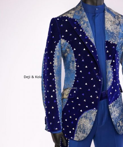 A “Prodigal” dispersed Sky blue and splashed champagne gold metallic jacquard suit