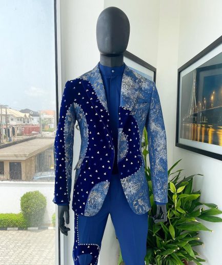 A “Prodigal” dispersed Sky blue and splashed champagne gold metallic jacquard suit