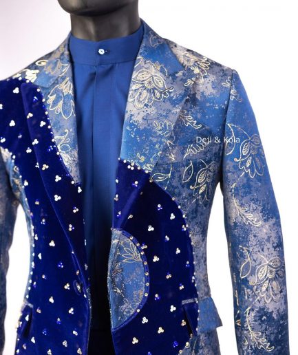 A “Prodigal” dispersed Sky blue and splashed champagne gold metallic jacquard suit