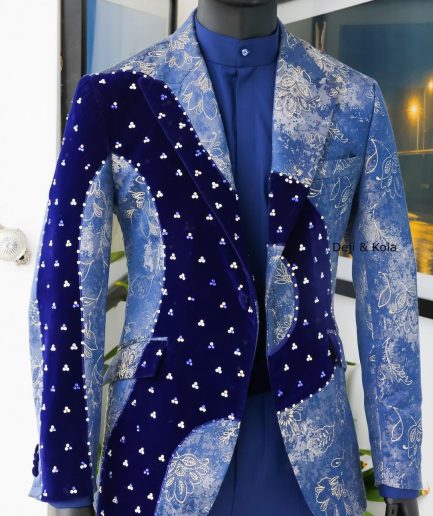 A “Prodigal” dispersed Sky blue and splashed champagne gold metallic jacquard suit