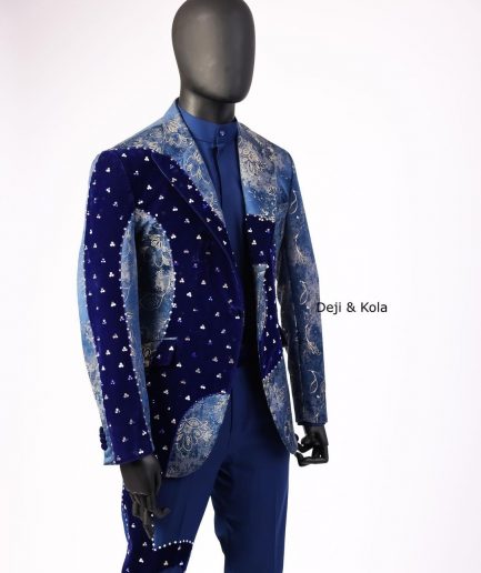 A “Prodigal” dispersed Sky blue and splashed champagne gold metallic jacquard suit