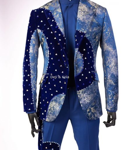 A “Prodigal” dispersed Sky blue and splashed champagne gold metallic jacquard suit