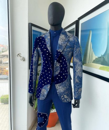 A “Prodigal” dispersed Sky blue and splashed champagne gold metallic jacquard suit