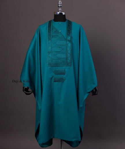 A Teal Green Agbada, Long Sleeve Buba With Matching Swarovski Button Details & Sokoto