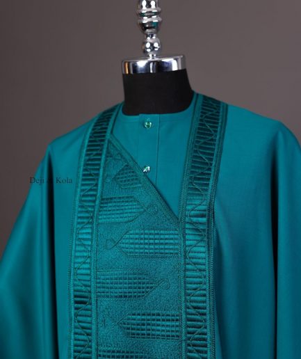 A Teal Green Agbada, Long Sleeve Buba With Matching Swarovski Button Details & Sokoto