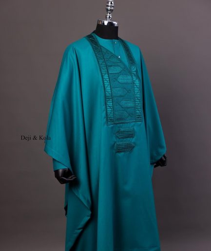 A Teal Green Agbada, Long Sleeve Buba With Matching Swarovski Button Details & Sokoto
