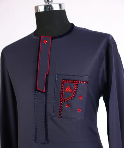A Midnight Blue, thick midpoint embroidery, tomato red Swarovski stone detailing african traditional senator kaftan native.