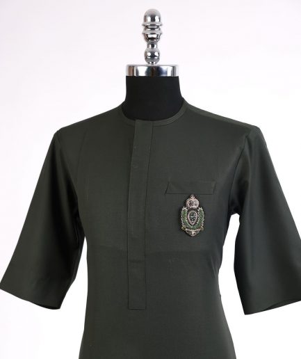 An army green, 3/4 sleeve kaftan, front flap with metal wire embroidery patch detailing african traditional senator kaftan native.