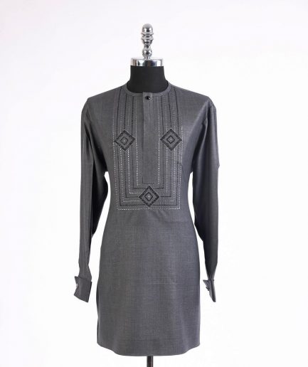 A Shadow Grey, front flap with connected cube, black Swarovski button and stones detailing african traditional senator kaftan native.