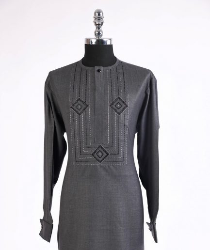 A Shadow Grey, front flap with connected cube, black Swarovski button and stones detailing african traditional senator kaftan native.