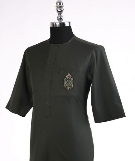 An army green, 3/4 sleeve kaftan, front flap with metal wire embroidery patch detailing african traditional senator kaftan native.