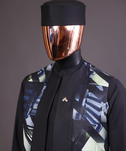 A charcoal black long sleeve kaftan, 3D printed kimono jacket, hat and sokoto African traditional senator kaftan native.