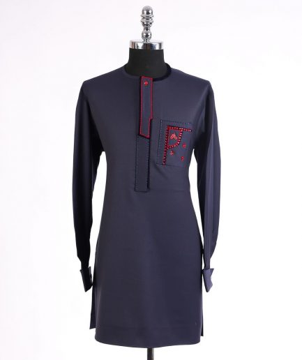 A Midnight Blue, thick midpoint embroidery, tomato red Swarovski stone detailing african traditional senator kaftan native.