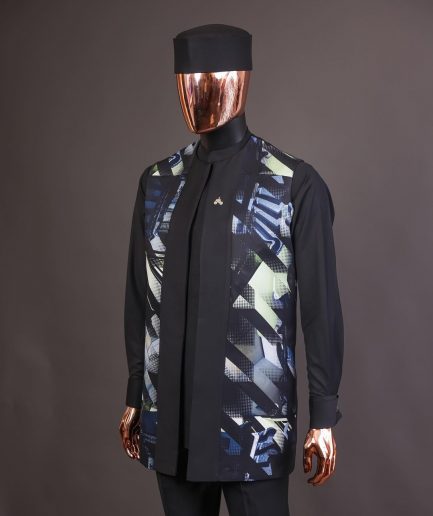 A charcoal black long sleeve kaftan, 3D printed kimono jacket, hat and sokoto African traditional senator kaftan native.