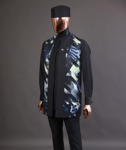 A charcoal black long sleeve kaftan, 3D printed kimono jacket, hat and sokoto African traditional senator kaftan native.