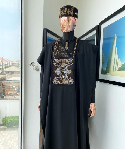 A Charcoal black, kissing wavelength embroidery design with ss30 light topaz and crystal xilion Swarovski stones detailing agbada