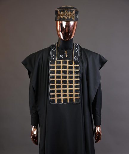 A charcoal black startled connected rectangle, with ss30 light topaz Swarovski crystal detailing agbada