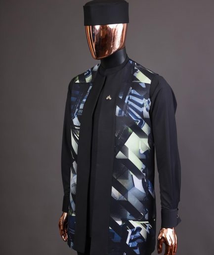 A charcoal black long sleeve kaftan, 3D printed kimono jacket, hat and sokoto African traditional senator kaftan native.