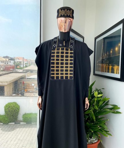 A charcoal black startled connected rectangle, with ss30 light topaz Swarovski crystal detailing agbada