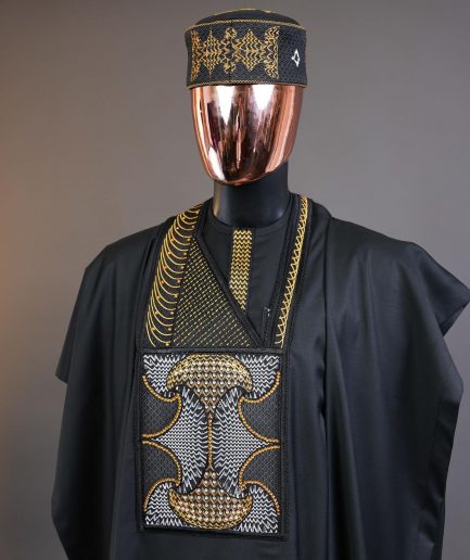 A Charcoal black, kissing wavelength embroidery design with ss30 light topaz and crystal xilion Swarovski stones detailing agbada