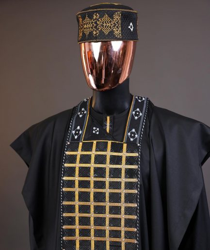 A charcoal black startled connected rectangle, with ss30 light topaz Swarovski crystal detailing agbada