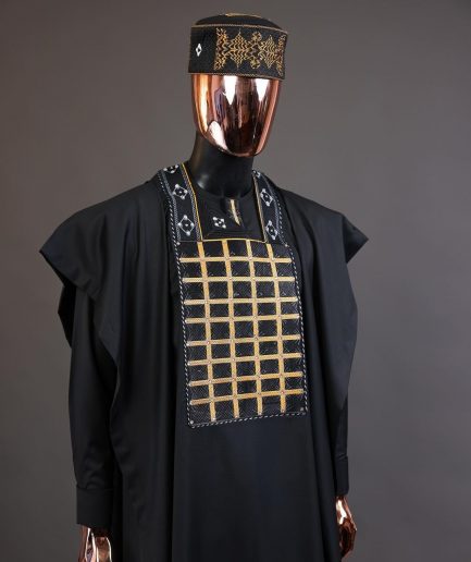 A charcoal black startled connected rectangle, with ss30 light topaz Swarovski crystal detailing agbada