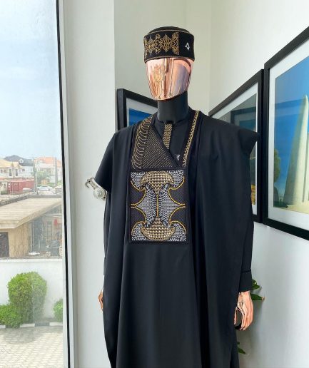 A Charcoal black, kissing wavelength embroidery design with ss30 light topaz and crystal xilion Swarovski stones detailing agbada