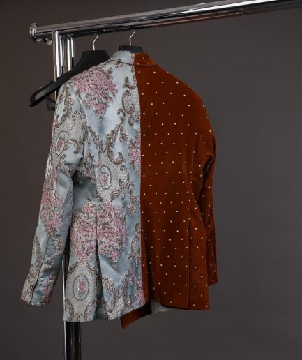 A half mix double breasted pistachio green, pink and brown metallic jacquard, walnut brown velvet suit
