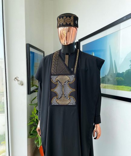 A Charcoal black, kissing wavelength embroidery design with ss30 light topaz and crystal xilion Swarovski stones detailing agbada