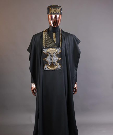A Charcoal black, kissing wavelength embroidery design with ss30 light topaz and crystal xilion Swarovski stones detailing agbada