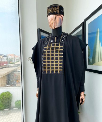 A charcoal black startled connected rectangle, with ss30 light topaz Swarovski crystal detailing agbada