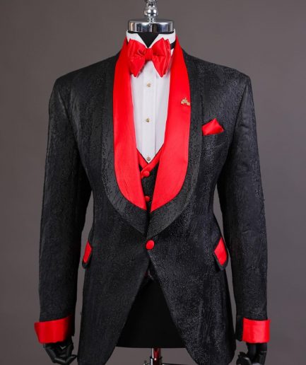 A “Luminati” dispersed ruffle metallic jacquard tuxedo suit