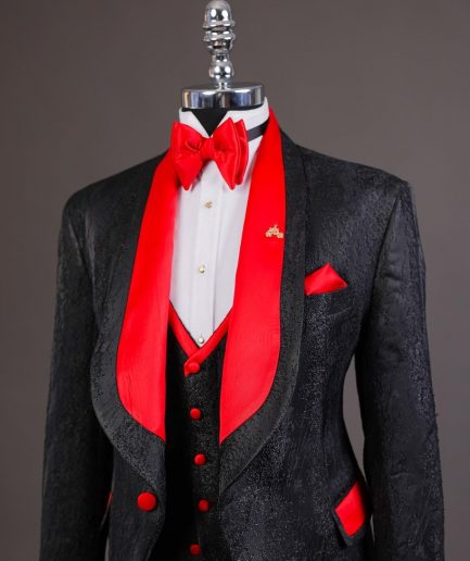 A “Luminati” dispersed ruffle metallic jacquard tuxedo suit