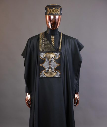 A Charcoal black, kissing wavelength embroidery design with ss30 light topaz and crystal xilion Swarovski stones detailing agbada
