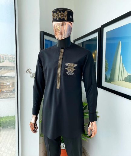 A Charcoal black, kissing wavelength embroidery design with ss30 light topaz and crystal xilion Swarovski stones detailing agbada