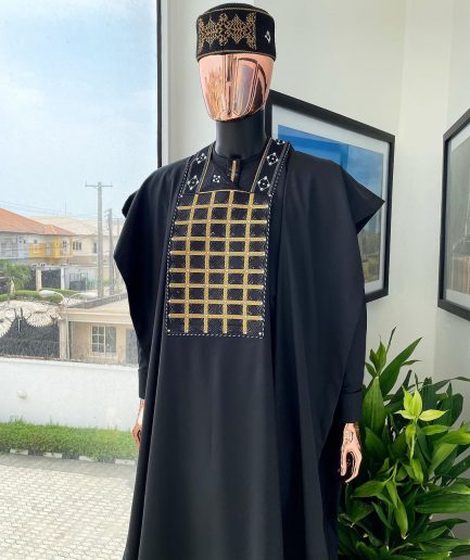 A charcoal black startled connected rectangle, with ss30 light topaz Swarovski crystal detailing agbada