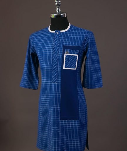 A Neon blue, graph check, front flap with Swarovski button details, and layered pocket traditional senator kaftan native