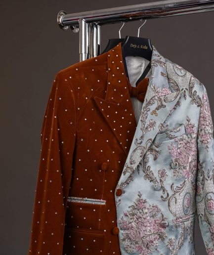 A half mix double breasted pistachio green, pink and brown metallic jacquard, walnut brown velvet suit