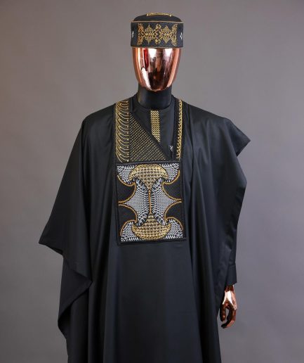 A Charcoal black, kissing wavelength embroidery design with ss30 light topaz and crystal xilion Swarovski stones detailing agbada